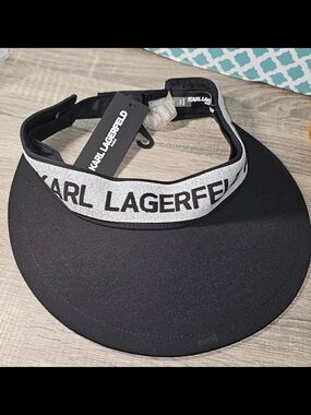 Karl Lagerfeld Paris Logo Visor Hat Adjustable Black/Silver One Size NWT!